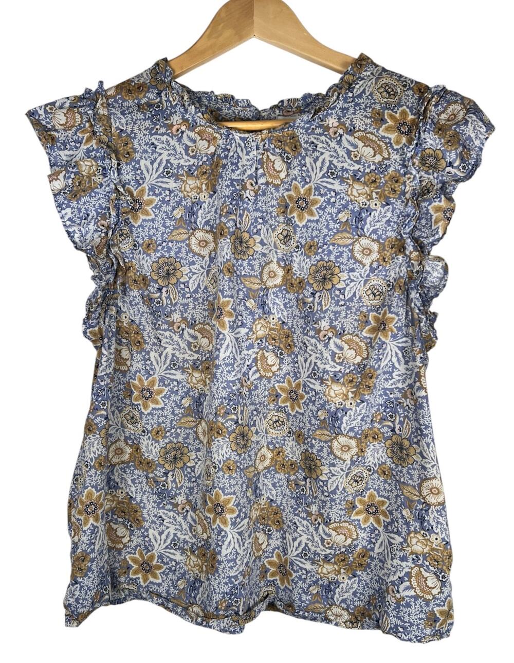 C&C California Womens Floral Paisley Ruffle Sleeve Cotton Blue Blouse Medium
